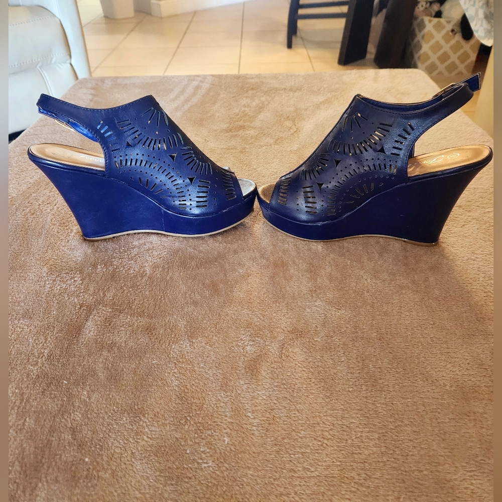 Navy wedge sandal. 4 inch wedge